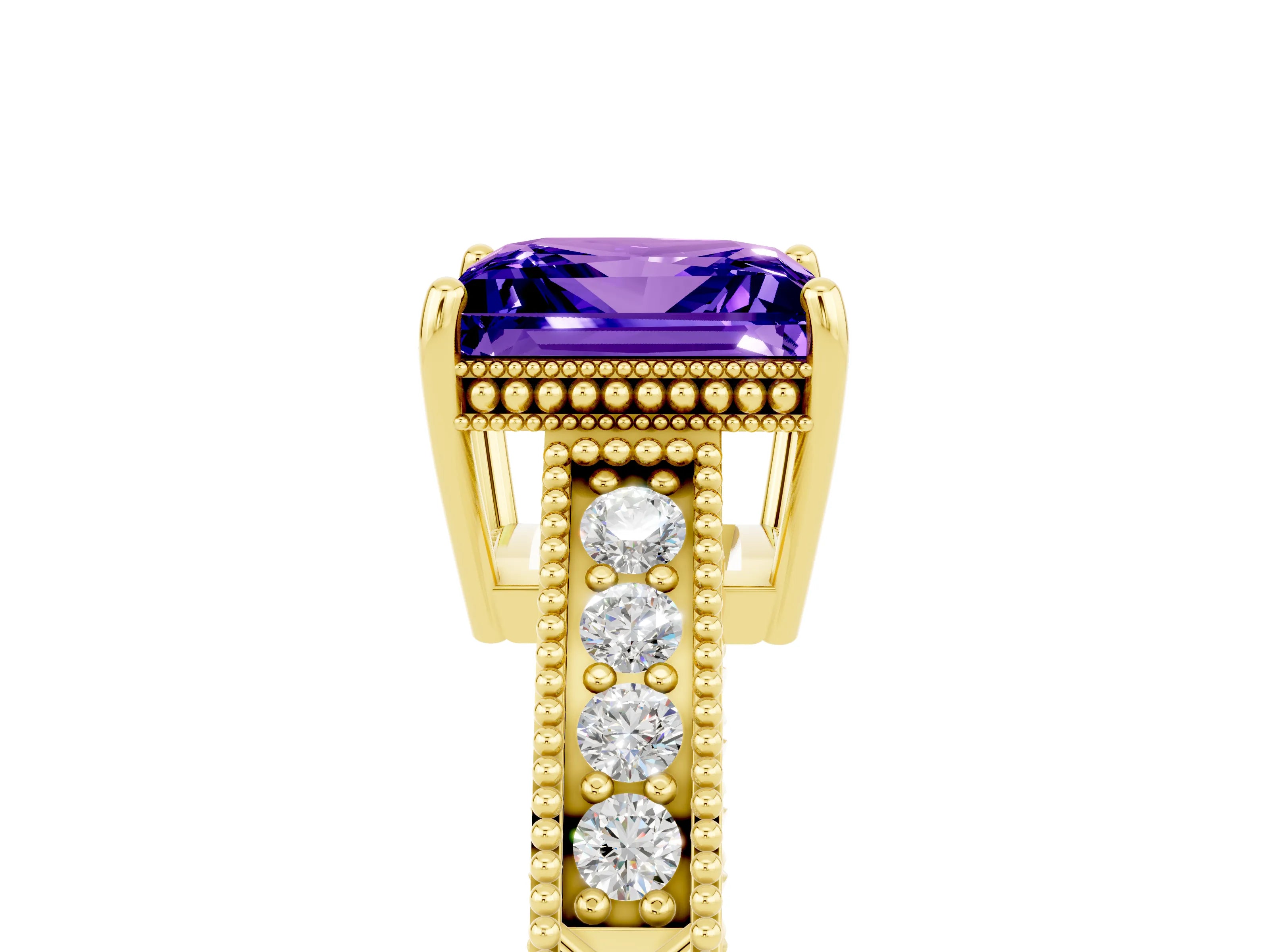 Yellow gold Princess Cut Tanzanite Ring with Milgrain Pavé Band and Four-Prong Setting_17