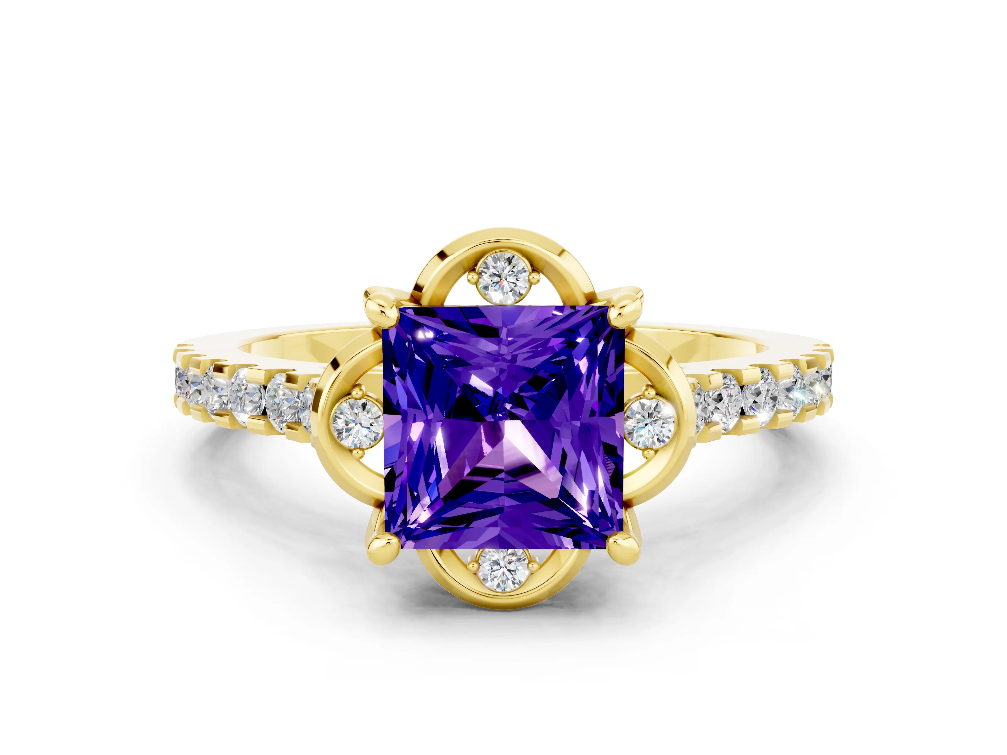 Yellow gold Princess Cut Tanzanite Ring with Pavé Band and Floral Prong Setting