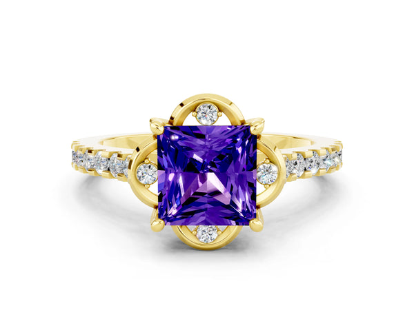 Yellow gold Princess Cut Tanzanite Ring with Pavé Band and Floral Prong Setting