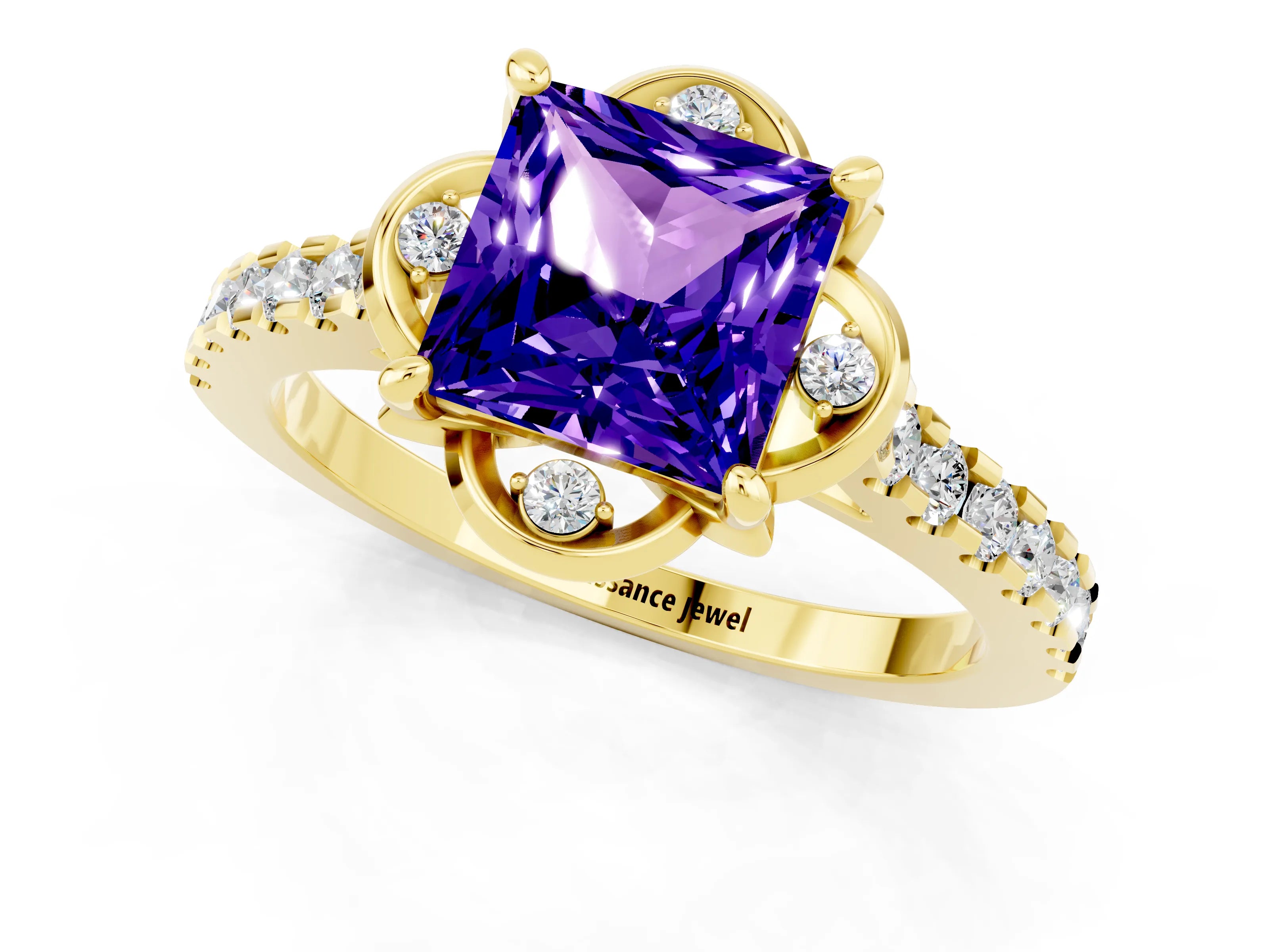 Yellow gold Princess Cut Tanzanite Ring with Pavé Band and Floral Prong Setting_1