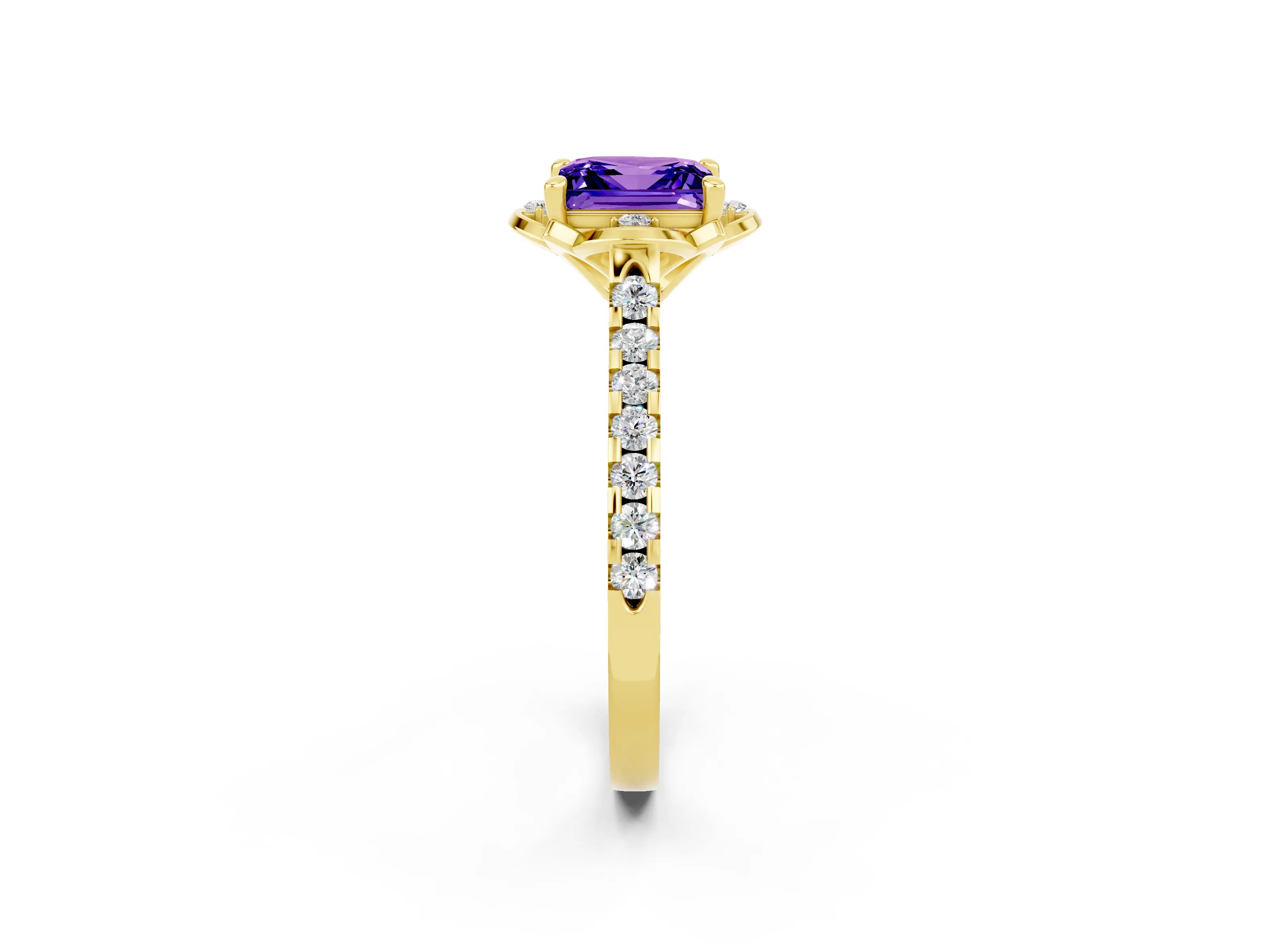 Yellow gold Princess Cut Tanzanite Ring with Pavé Band and Floral Prong Setting_2