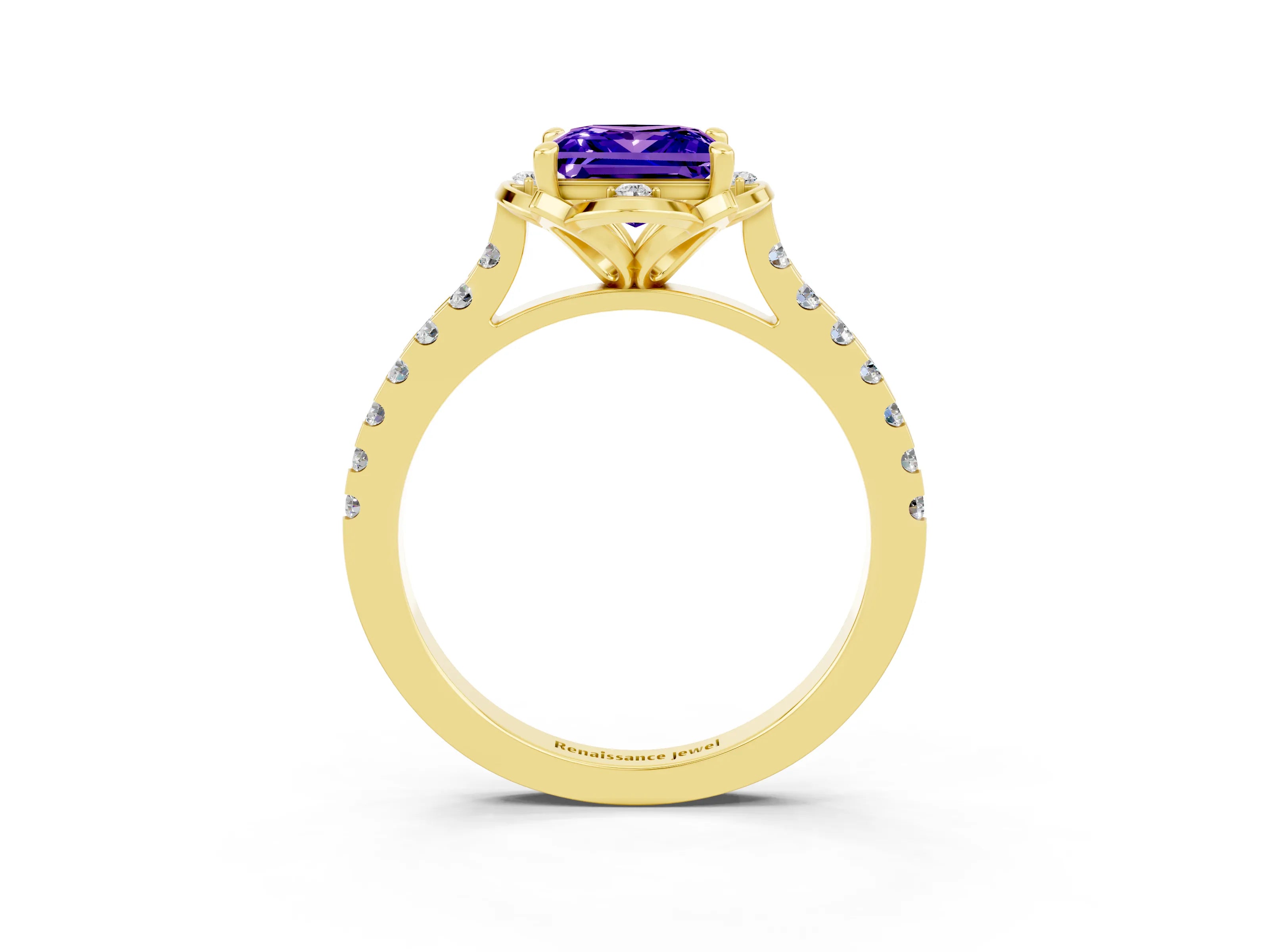 Yellow gold Princess Cut Tanzanite Ring with Pavé Band and Floral Prong Setting_3