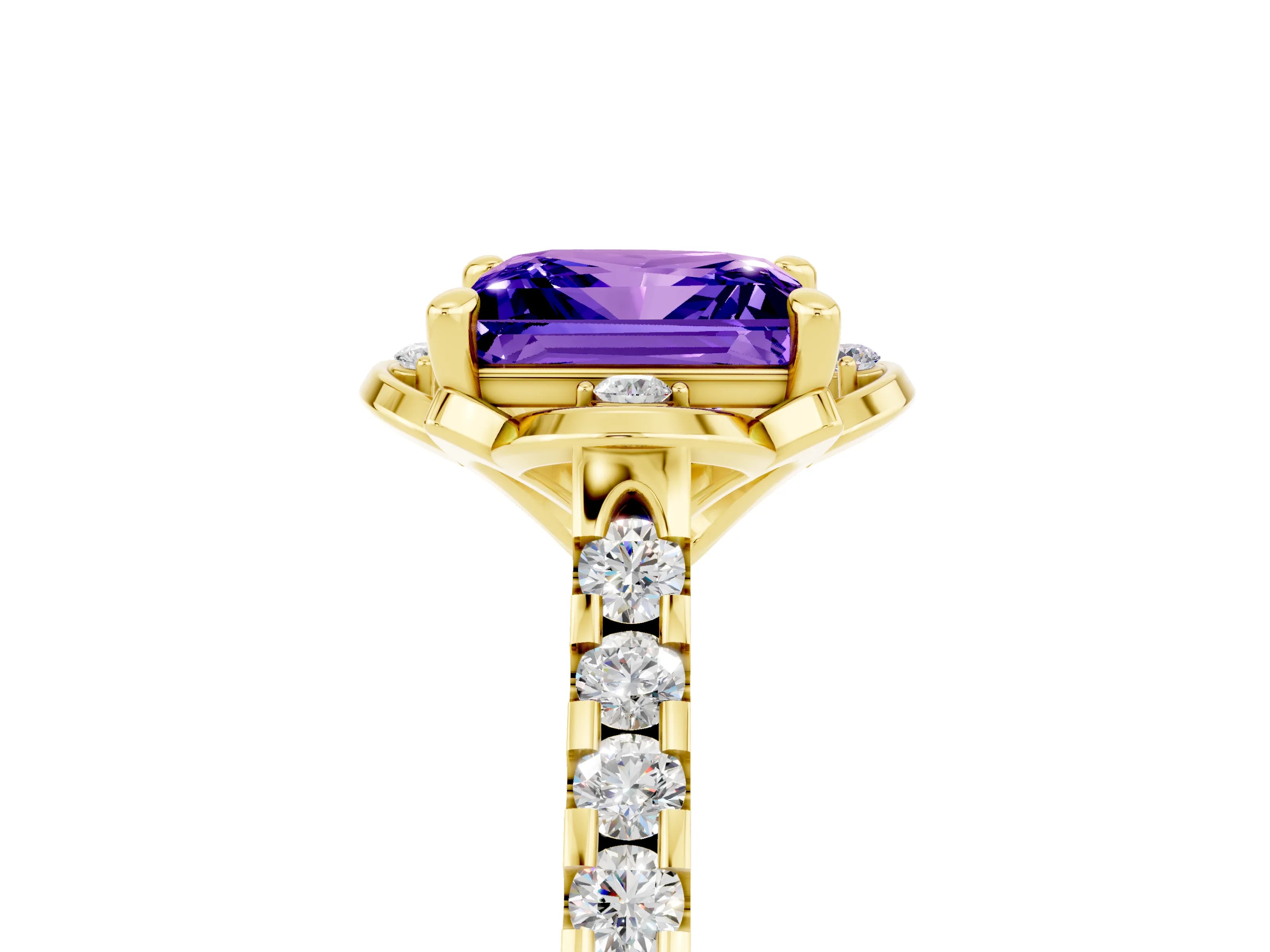 Yellow gold Princess Cut Tanzanite Ring with Pavé Band and Floral Prong Setting_5