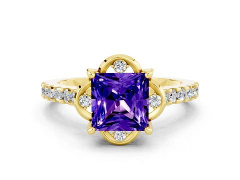 Yellow gold Princess Cut Tanzanite Ring with Pavé Band and Floral Prong Setting