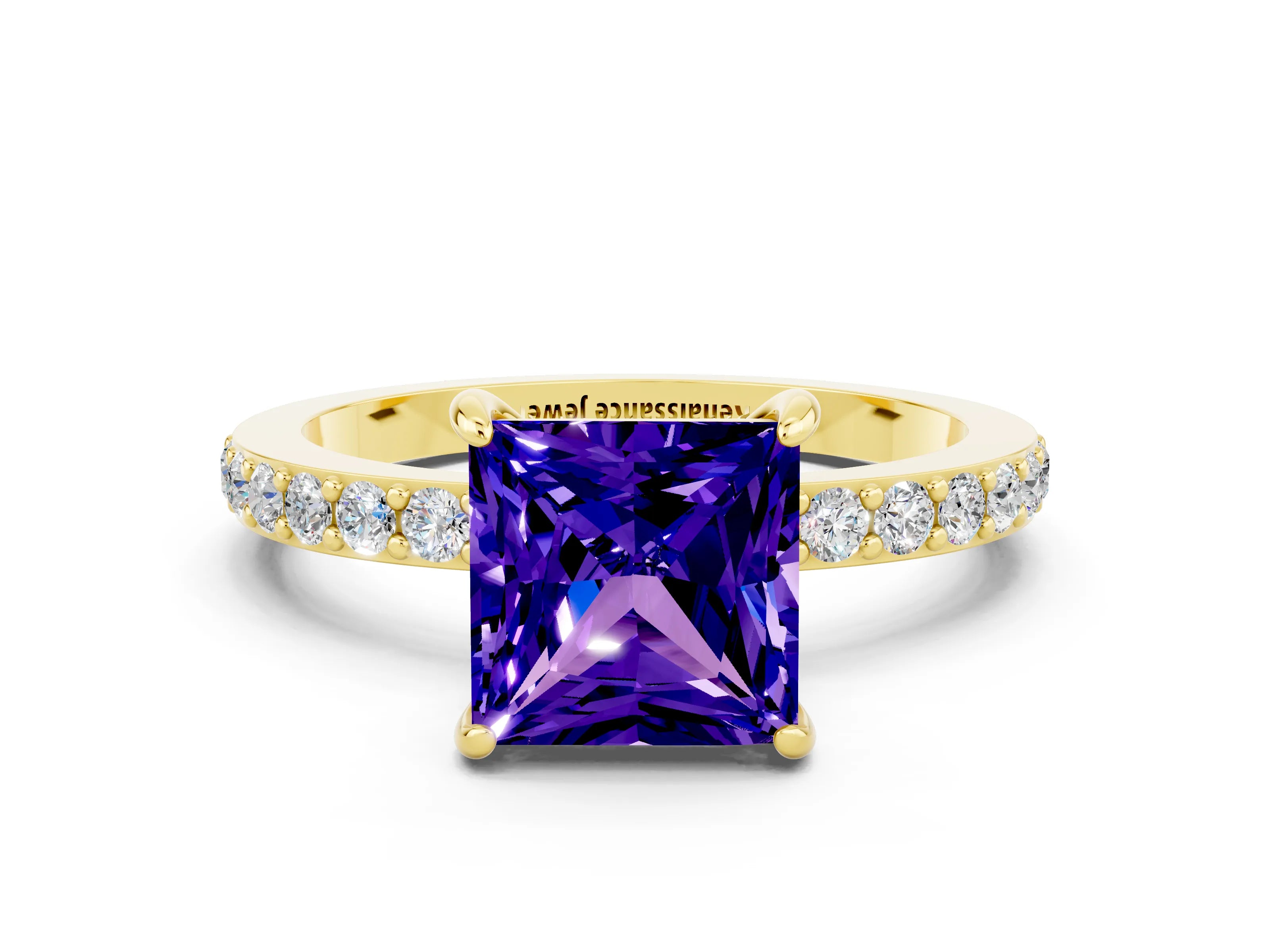 Yellow gold Princess Cut Tanzanite Ring with Pavé Band and Four-Prong Setting