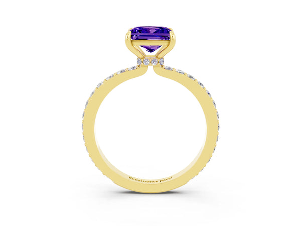 Yellow gold Princess Cut Tanzanite Pavé Engagement Ring with Round  Accents and Prong Setting