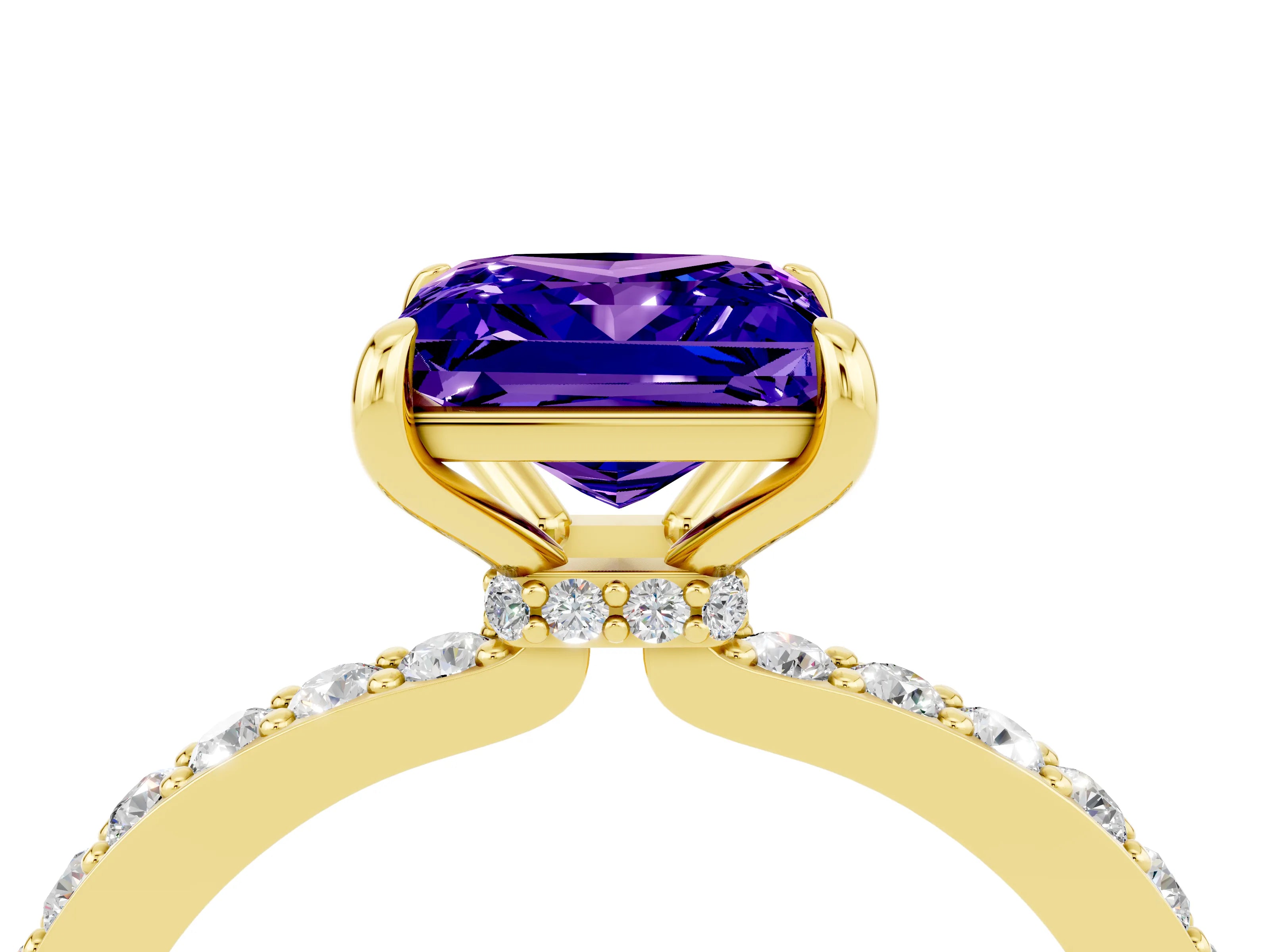 Yellow gold Princess Cut Tanzanite Ring with Pavé Band and Four-Prong Setting_4