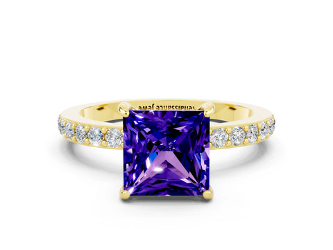 Yellow gold Princess Cut Tanzanite Ring with Pavé Band and Four-Prong Setting