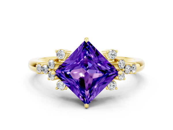 Yellow gold Princess Cut Tanzanite Ring with Side Stones and Four-Prong Setting