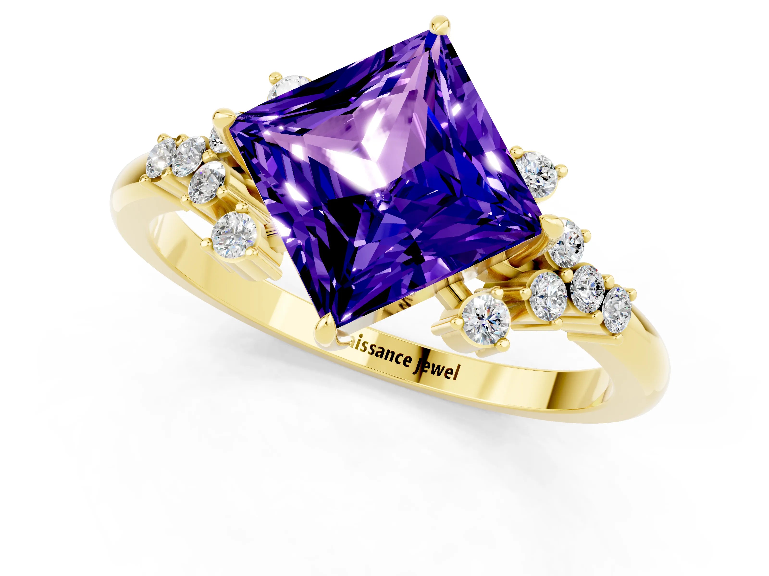 Yellow gold Princess Cut Tanzanite Ring with Side Stones and Four-Prong Setting_37