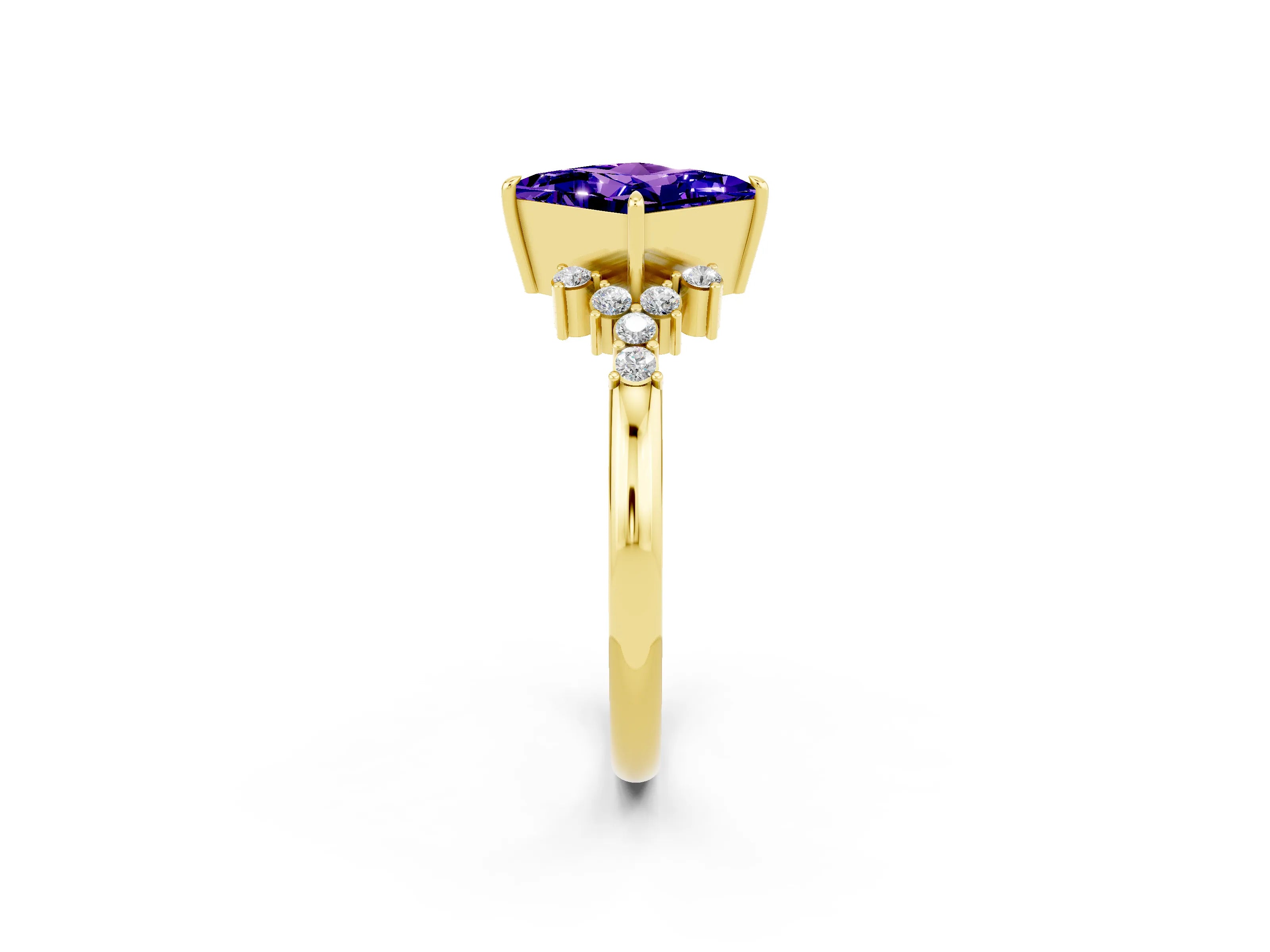 Yellow gold Princess Cut Tanzanite Ring with Side Stones and Four-Prong Setting_38
