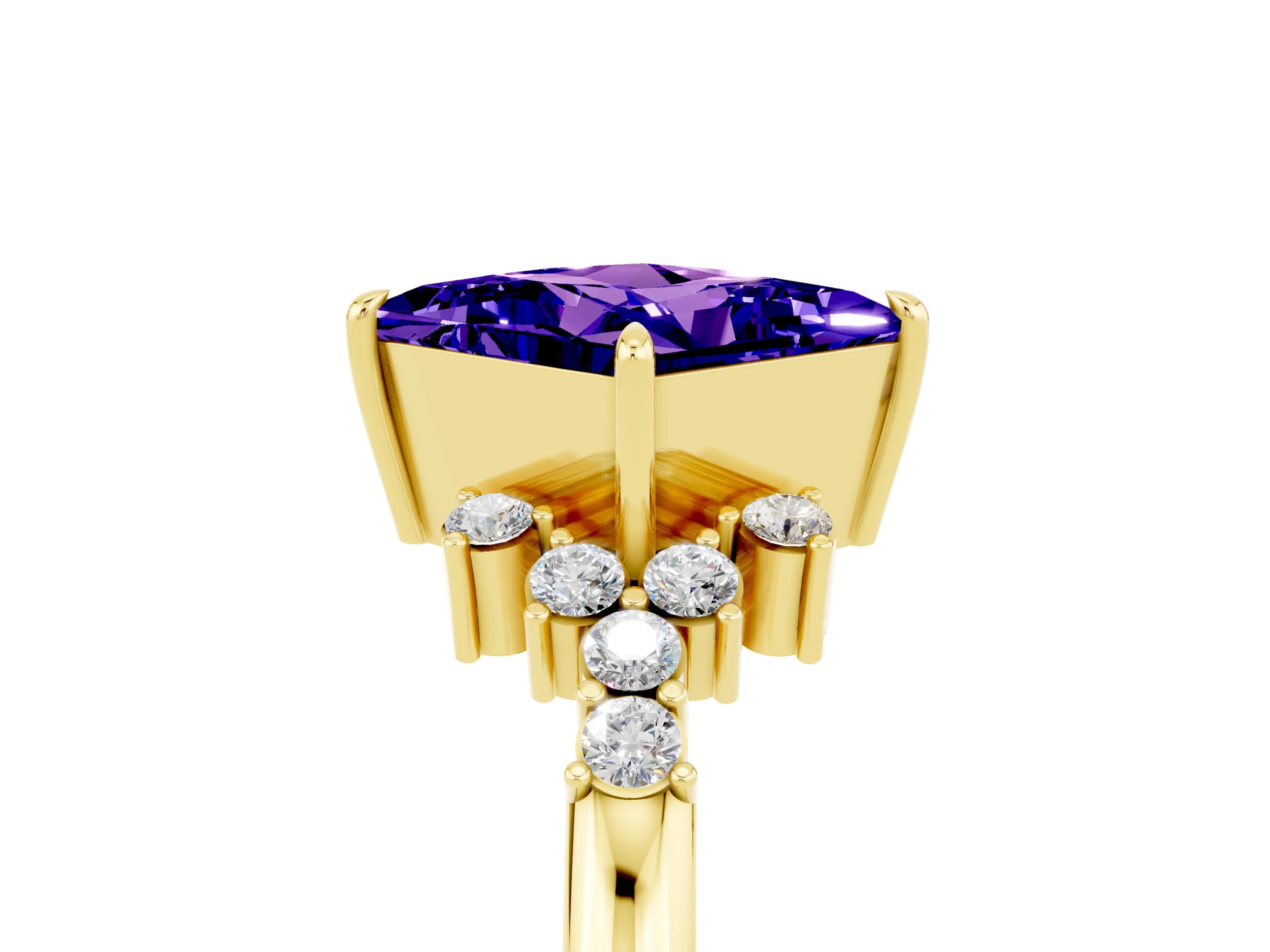 Yellow gold Princess Cut Tanzanite Ring with Side Stones and Four-Prong Setting_41