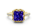 Yellow gold Princess Cut Tanzanite Scalloped Halo Engagement Ring with Round Shared Prong Band_12