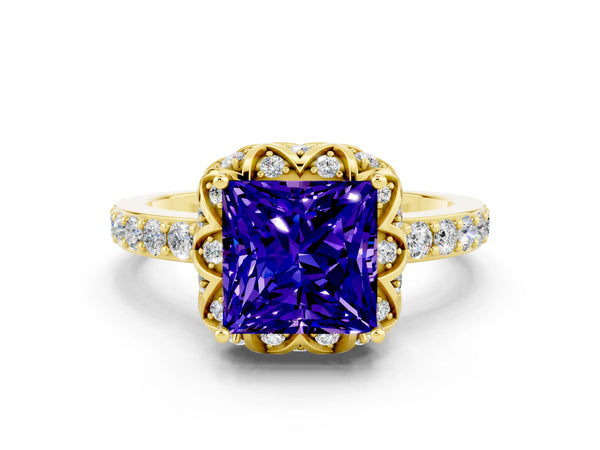 Yellow gold Princess Cut Tanzanite Scalloped Halo Engagement Ring with Round Shared Prong Band