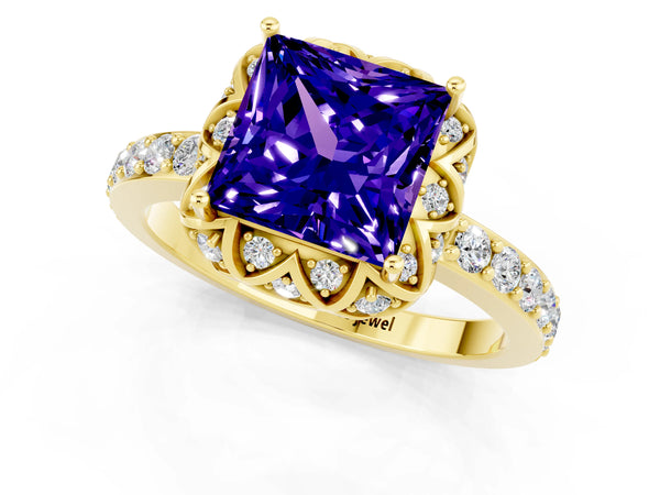 Yellow gold Princess Cut Tanzanite Scalloped Halo Engagement Ring with Round Shared Prong Band