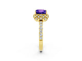 Yellow gold Princess Cut Tanzanite Scalloped Halo Engagement Ring with Round Shared Prong Band_14