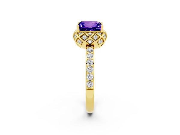Yellow gold Princess Cut Tanzanite Scalloped Halo Engagement Ring with Round Shared Prong Band