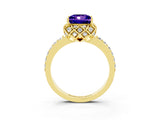 Yellow gold Princess Cut Tanzanite Scalloped Halo Engagement Ring with Round Shared Prong Band_15