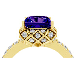 Yellow gold Princess Cut Tanzanite Scalloped Halo Engagement Ring with Round Shared Prong Band_16