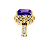 Yellow gold Princess Cut Tanzanite Scalloped Halo Engagement Ring with Round Shared Prong Band_17