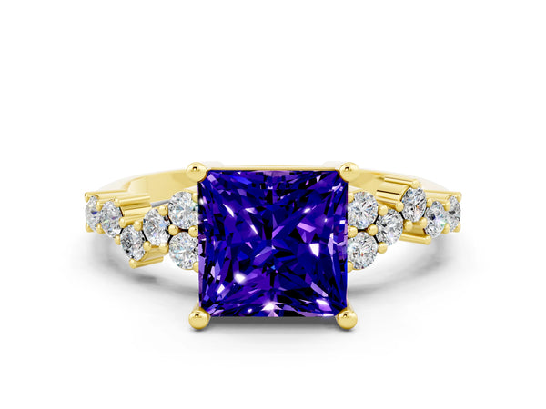Yellow gold Princess Cut Tanzanite Scattered Round Accent Ring with Prong Setting