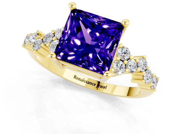 Yellow gold Princess Cut Tanzanite Scattered Round Accent Ring with Prong Setting