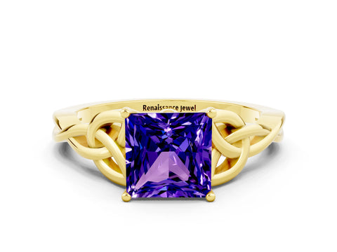 Yellow gold Princess Cut Tanzanite Solitaire Celtic Knot Ring with Four-Prong Setting_12