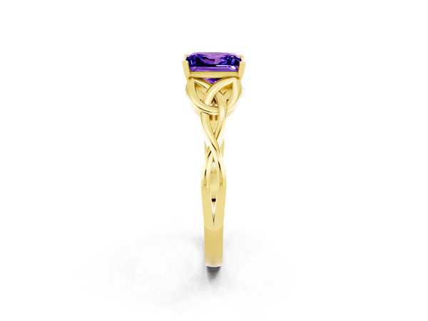 Yellow gold Princess Cut Tanzanite Solitaire Celtic Knot Ring with Four-Prong Setting