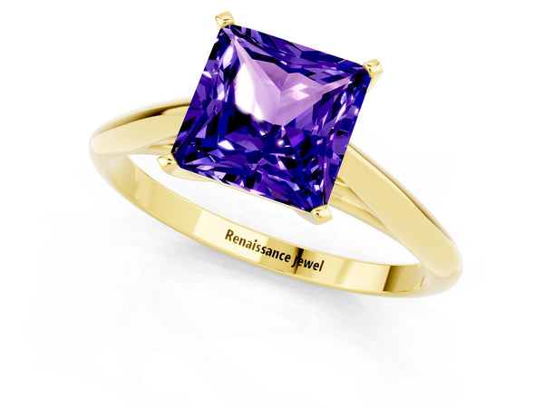 Yellow gold Princess Cut Tanzanite Solitaire Engagement Ring with Cathedral Setting and Four-Prong Mount