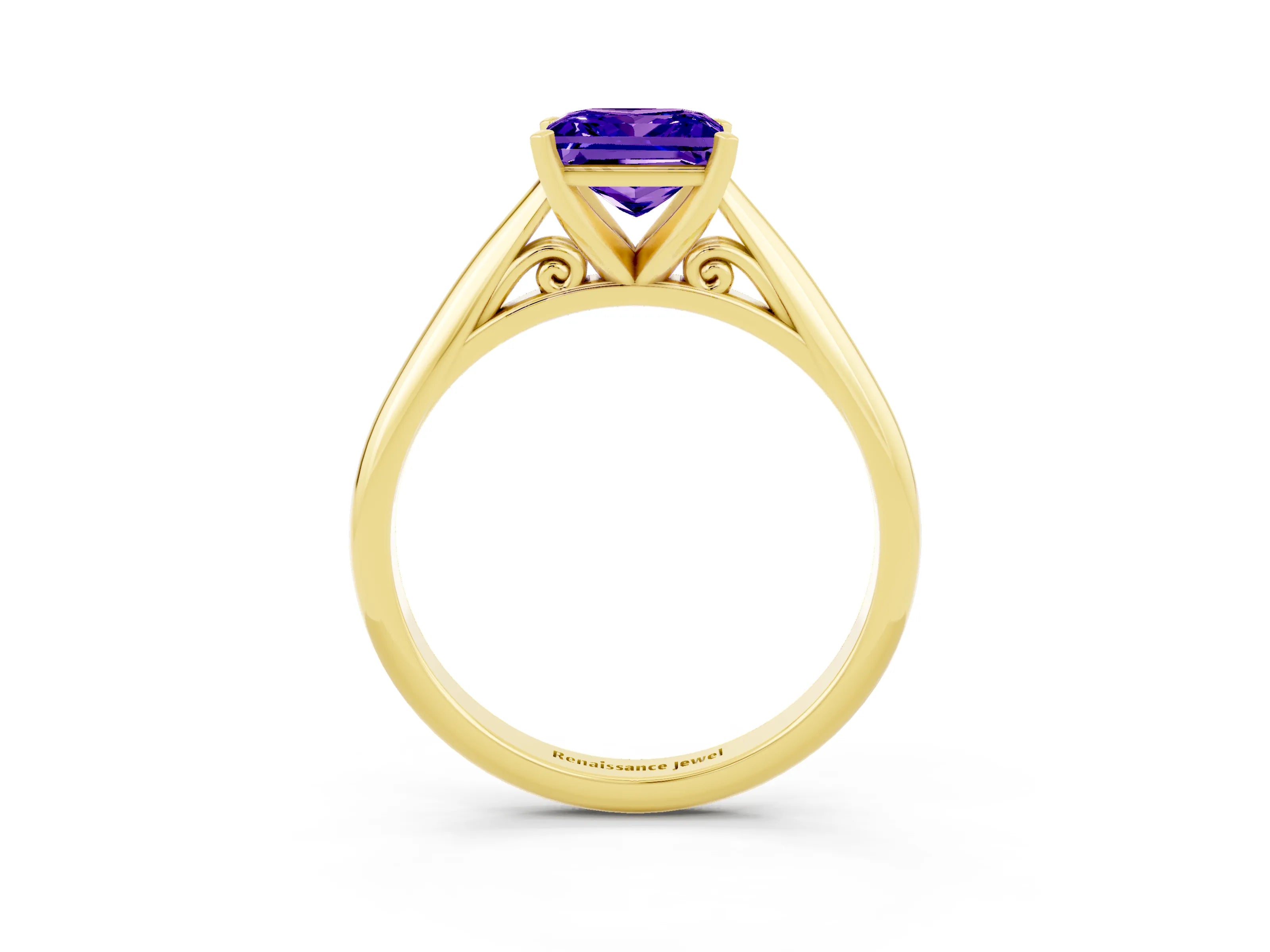 Yellow gold Princess Cut Tanzanite Solitaire Engagement Ring with Cathedral Setting and Four-Prong Mount_15