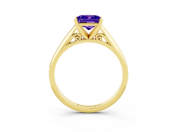 Yellow gold Princess Cut Tanzanite Solitaire Engagement Ring with Cathedral Setting and Four-Prong Mount