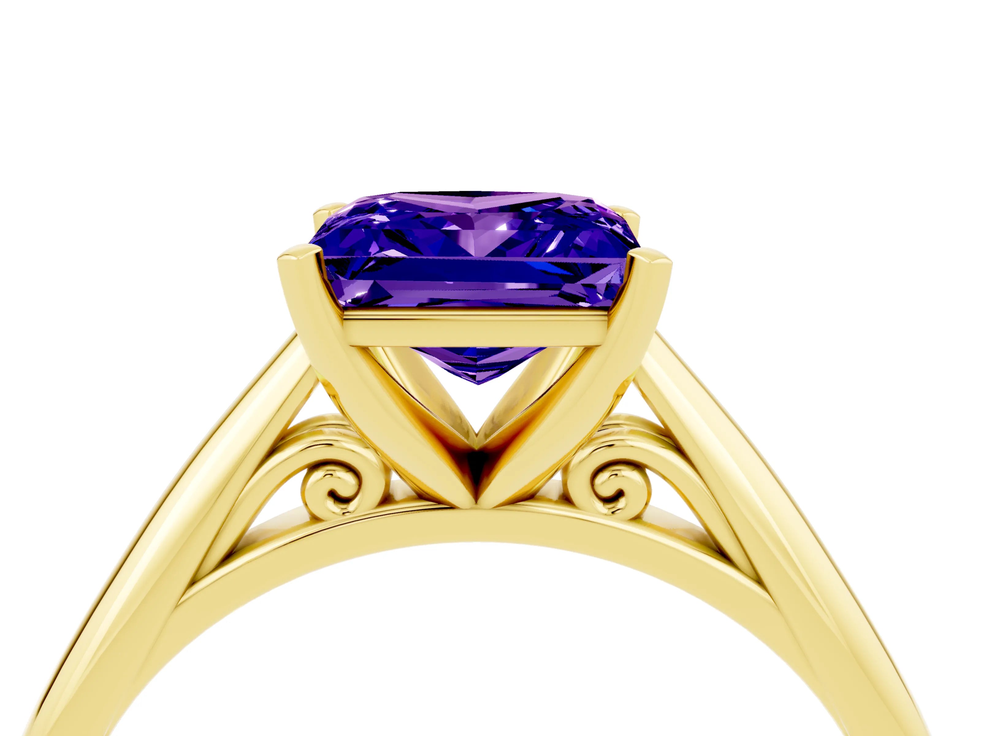 Yellow gold Princess Cut Tanzanite Solitaire Engagement Ring with Cathedral Setting and Four-Prong Mount_16