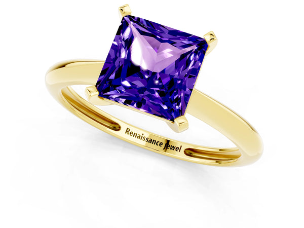 Yellow gold Princess Cut Tanzanite Solitaire Engagement Ring with Classic Band and Four-Prong Setting