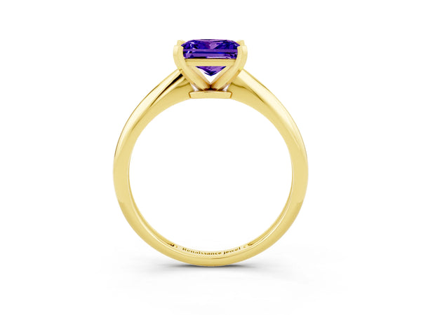 Yellow gold Princess Cut Tanzanite Solitaire Engagement Ring with Classic Band and Four-Prong Setting