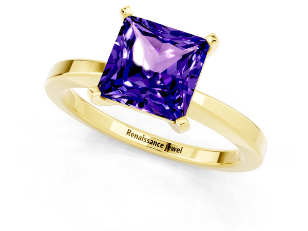 Yellow gold Princess Cut Tanzanite Solitaire Engagement Ring with Classic Band and Four-Prong Setting