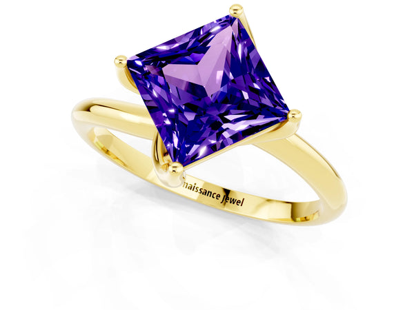 Yellow gold Princess Cut Tanzanite Solitaire Engagement Ring with Four-Prong Setting and Classic Band