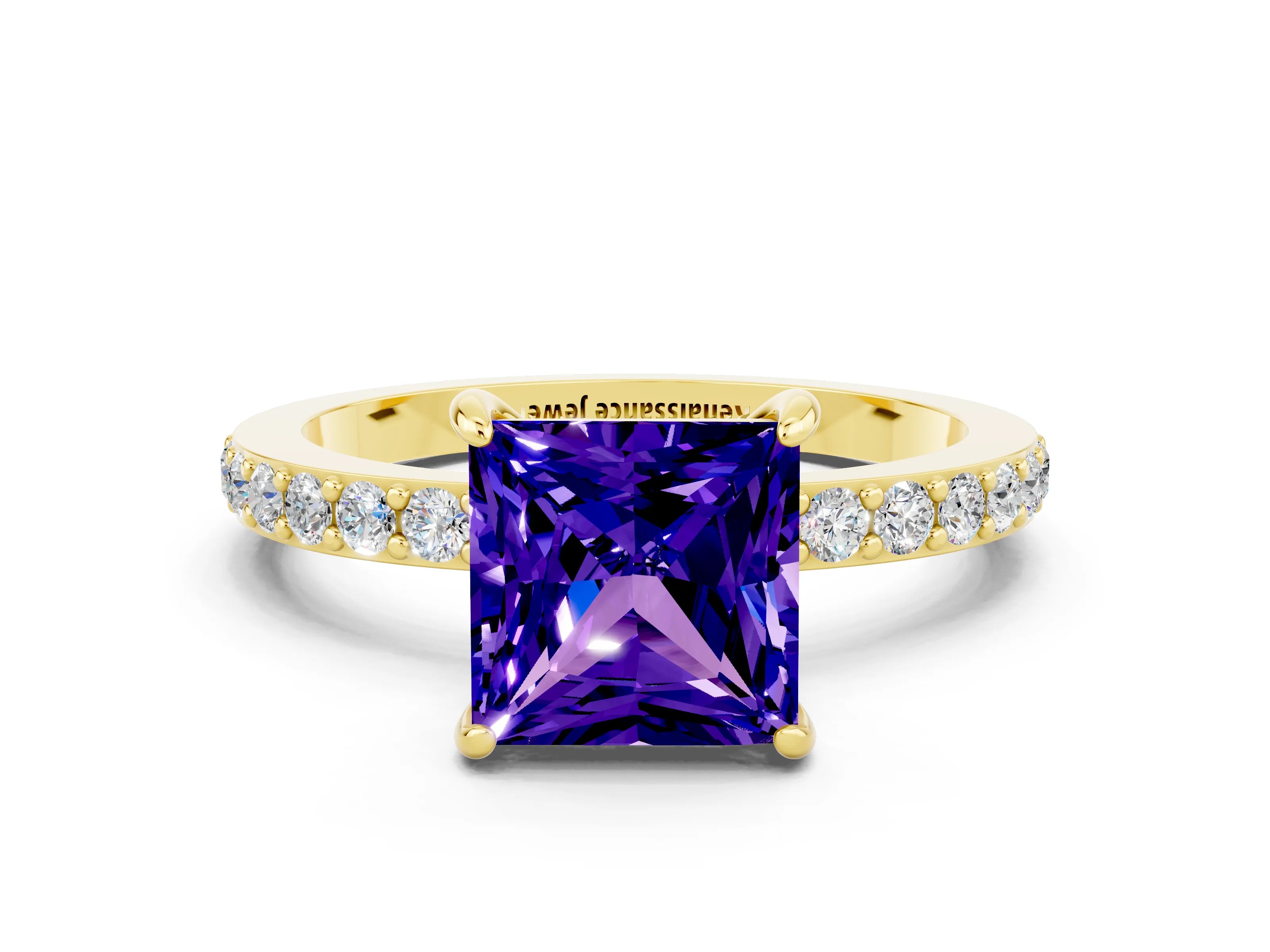 Yellow gold Princess Cut Tanzanite Solitaire Engagement Ring with Pavé Band and Four-Prong Setting