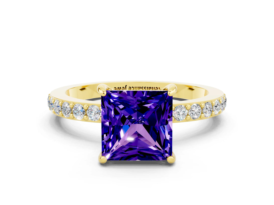 Yellow gold Princess Cut Tanzanite Solitaire Engagement Ring with Pavé Band and Four-Prong Setting