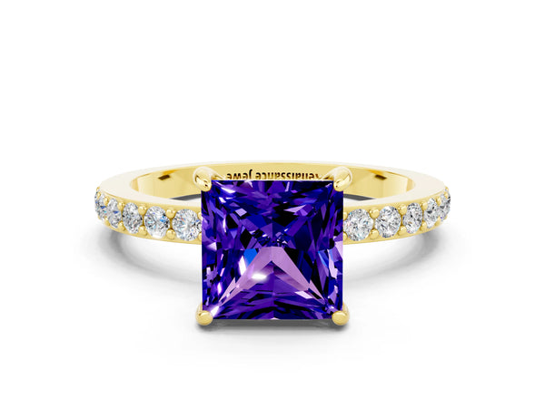 Yellow gold Princess Cut Tanzanite Solitaire Engagement Ring with Pavé Band and Four-Prong Setting