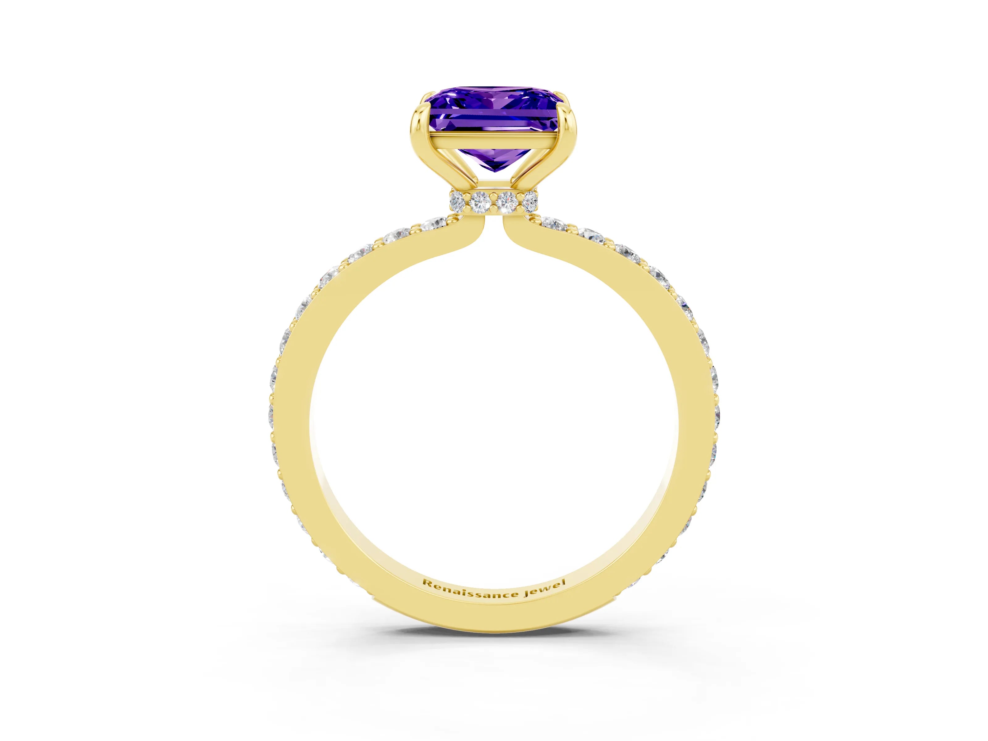 Yellow gold Princess Cut Tanzanite Solitaire Engagement Ring with Pavé Band and Four-Prong Setting_3