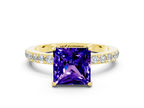 Yellow gold Princess Cut Tanzanite Solitaire Engagement Ring with Pavé Band and Four-Prong Setting