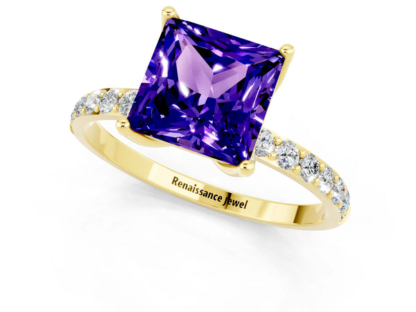 Yellow gold Princess Cut Tanzanite Solitaire Engagement Ring with Round  Pavé Band and Prong Setting