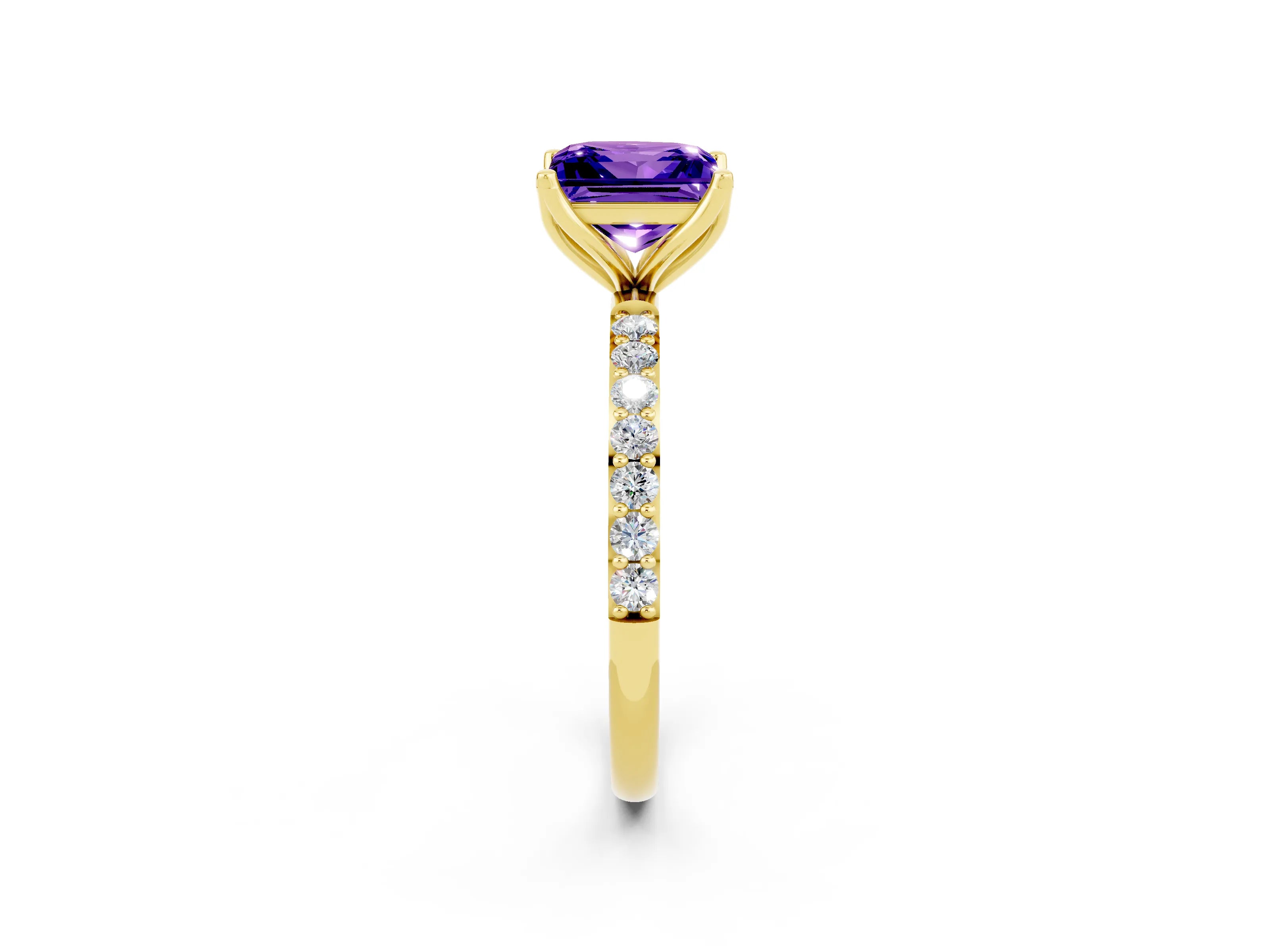 Yellow gold Princess Cut Tanzanite Solitaire Engagement Ring with Pavé Band and Prong Setting_2