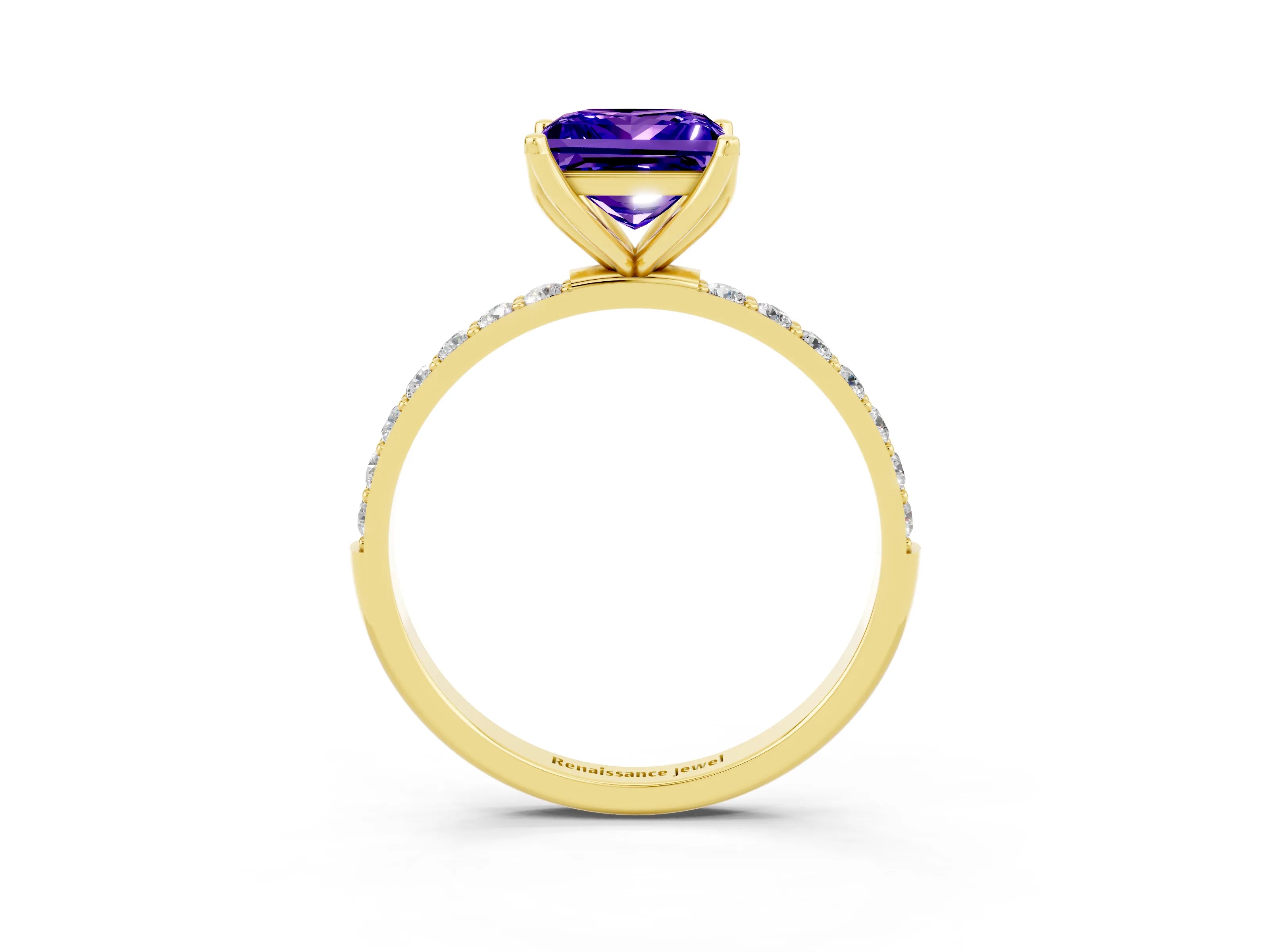 Yellow gold Princess Cut Tanzanite Solitaire Engagement Ring with Pavé Band and Prong Setting_3