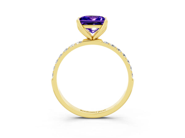 Yellow gold Princess Cut Tanzanite Solitaire Engagement Ring with Round  Pavé Band and Prong Setting