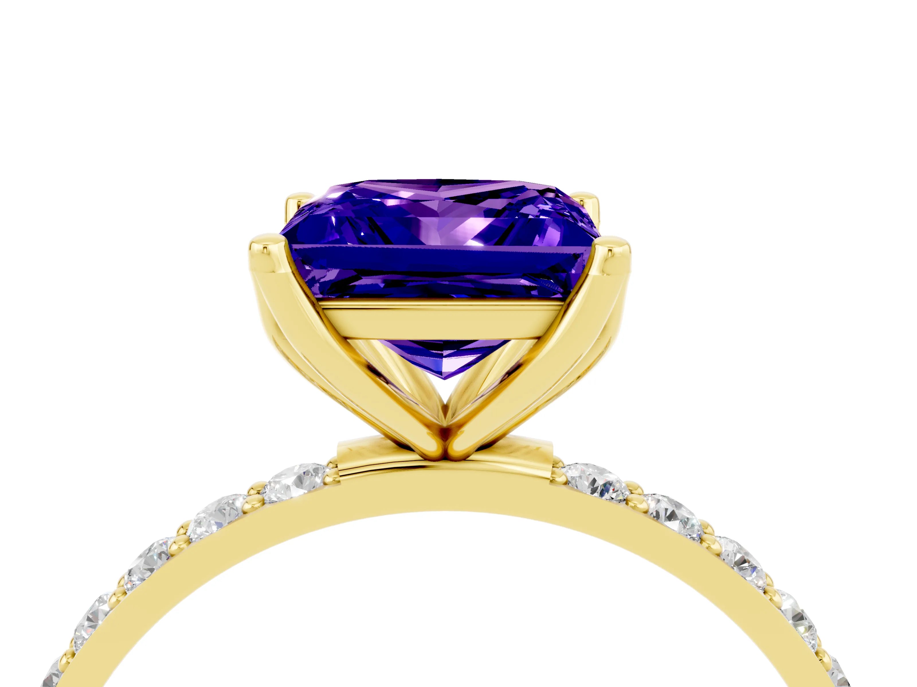 Yellow gold Princess Cut Tanzanite Solitaire Engagement Ring with Pavé Band and Prong Setting_4