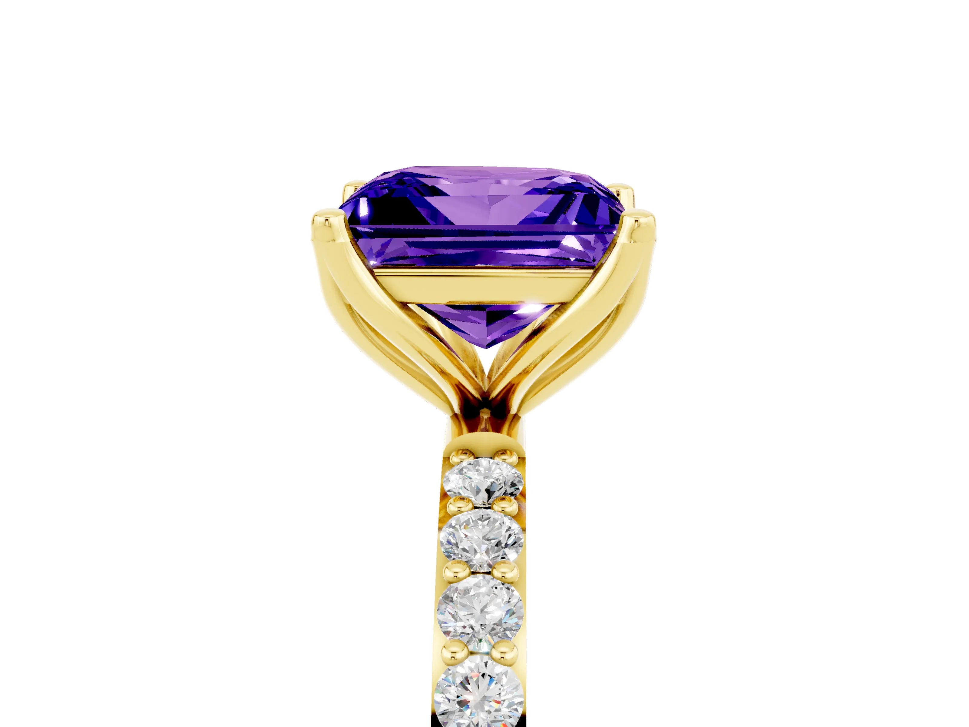 Yellow gold Princess Cut Tanzanite Solitaire Engagement Ring with Pavé Band and Prong Setting_5