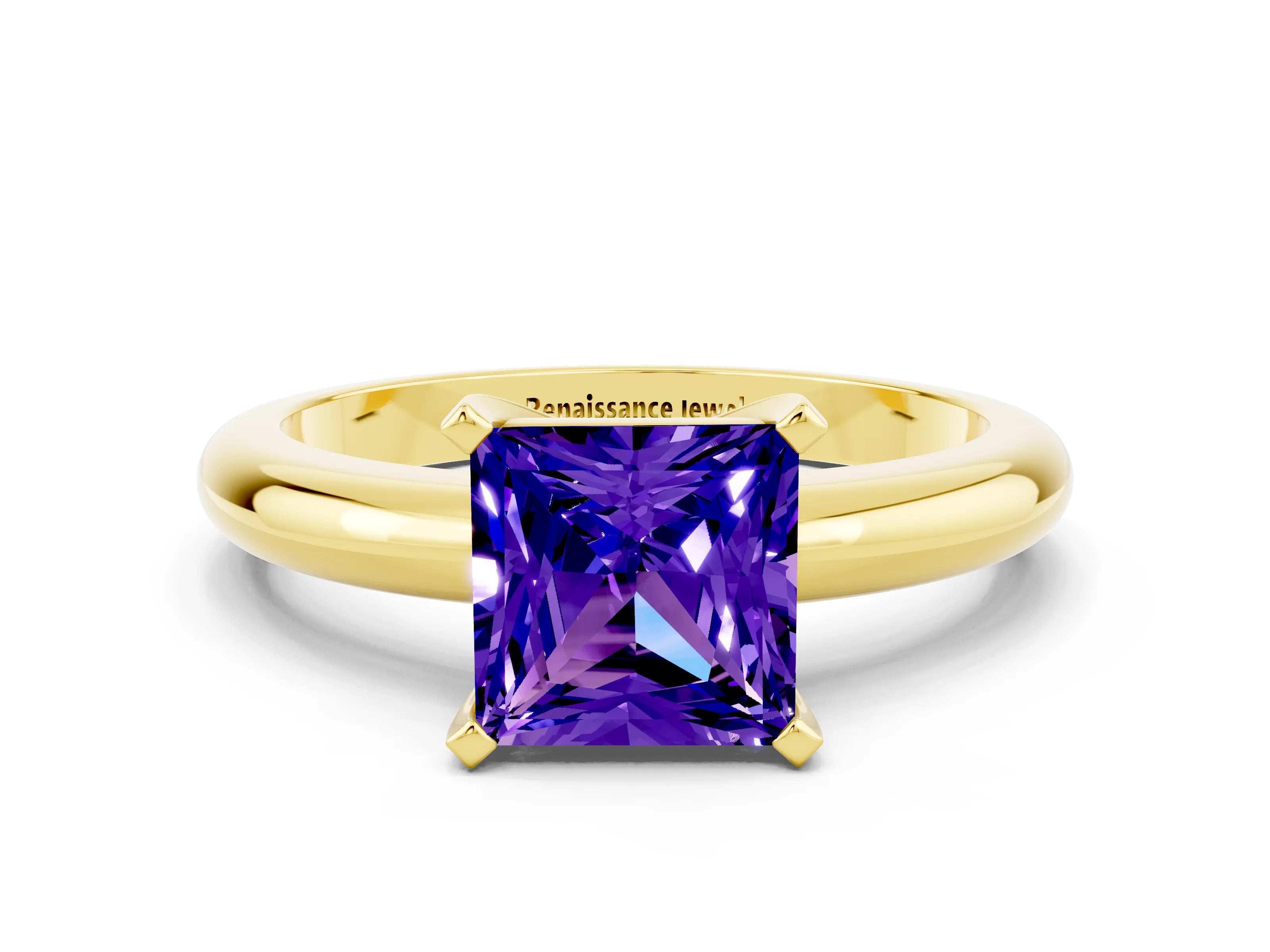 Yellow gold Princess Cut Tanzanite Solitaire Engagement Ring with Round Band and Four-Prong Setting