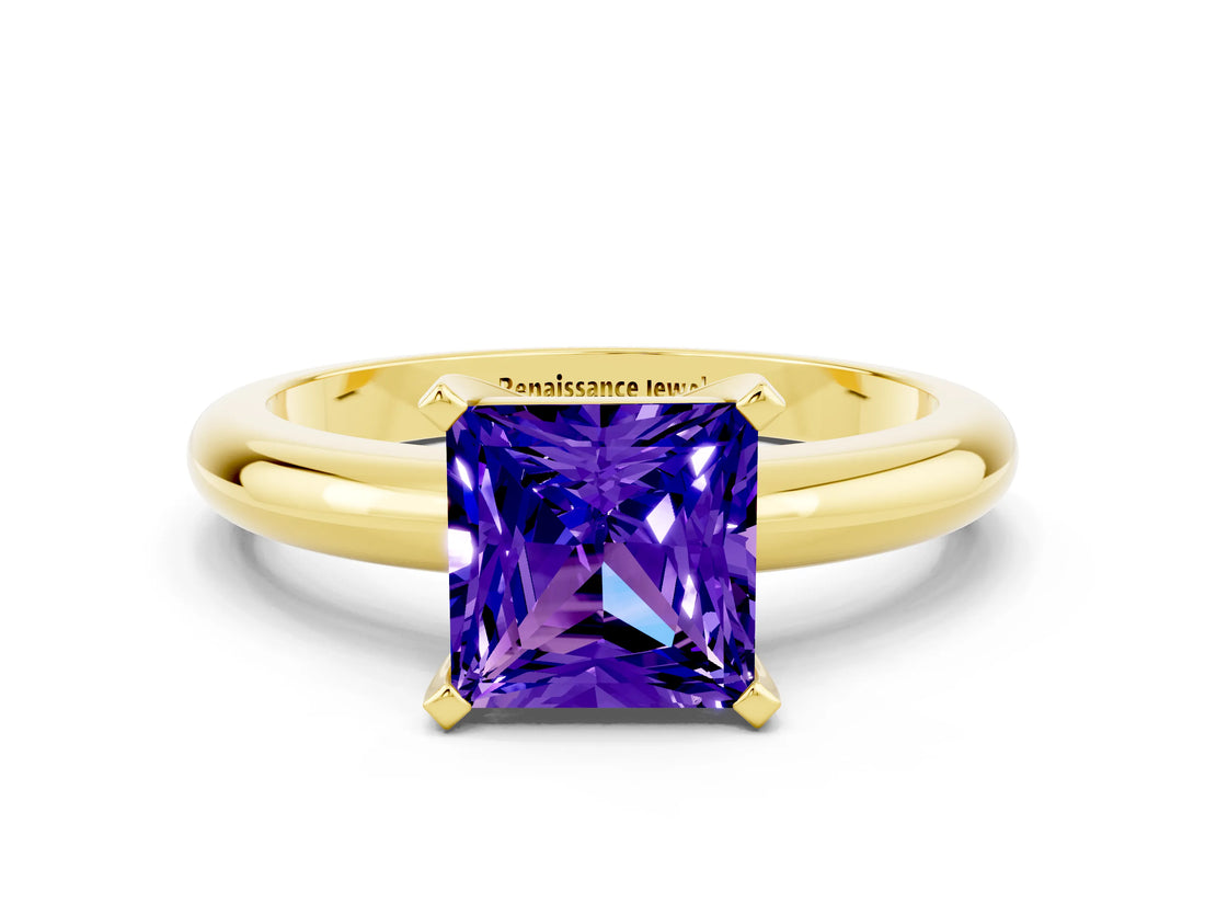 Yellow gold Princess Cut Tanzanite Solitaire Engagement Ring with Round Band and Four-Prong Setting