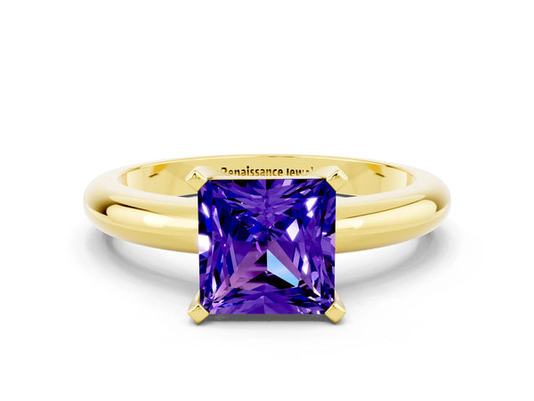 Yellow gold Princess Cut Tanzanite Solitaire Engagement Ring with Round Band and Four-Prong Setting
